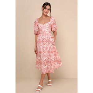 NEW Lulus Dainty Persona Orange Eyelet Midi Dress With Pockets - Size L